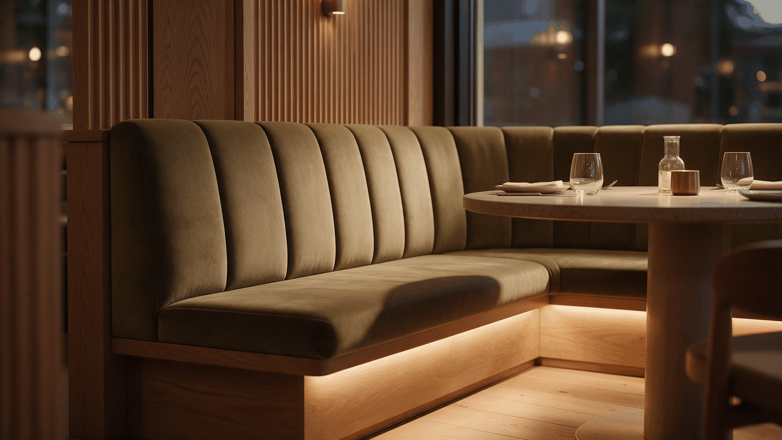 Corner banquette with channel-tufted upholstery, integrated LED plinth lighting and a round pedestal table